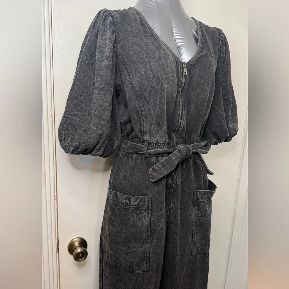 Anthropologie Othilia Acid Wash Puff Sleeve Utility Jumpsuit Charcoal Gray M - Picture 3 of 16